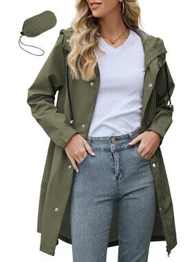 Women's Olive 100% Polyester Hooded Long Windbreaker Hiking Packable Rain Jacket